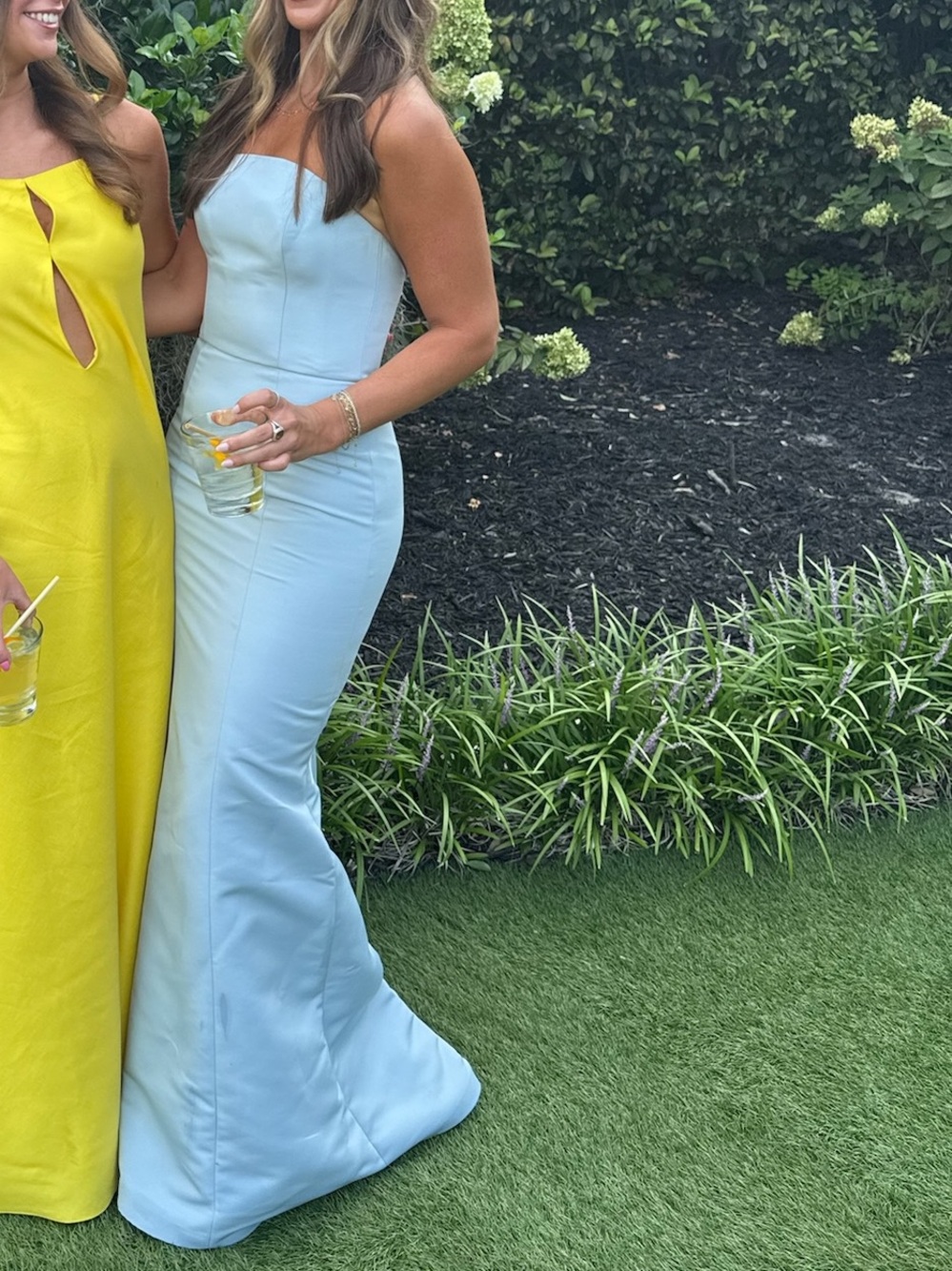 Amsale Strapless Pale Blue Satin Column Gown